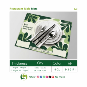 Custom Printed Restaurant Table Mats – A3 Size (42 × 29.7 cm)