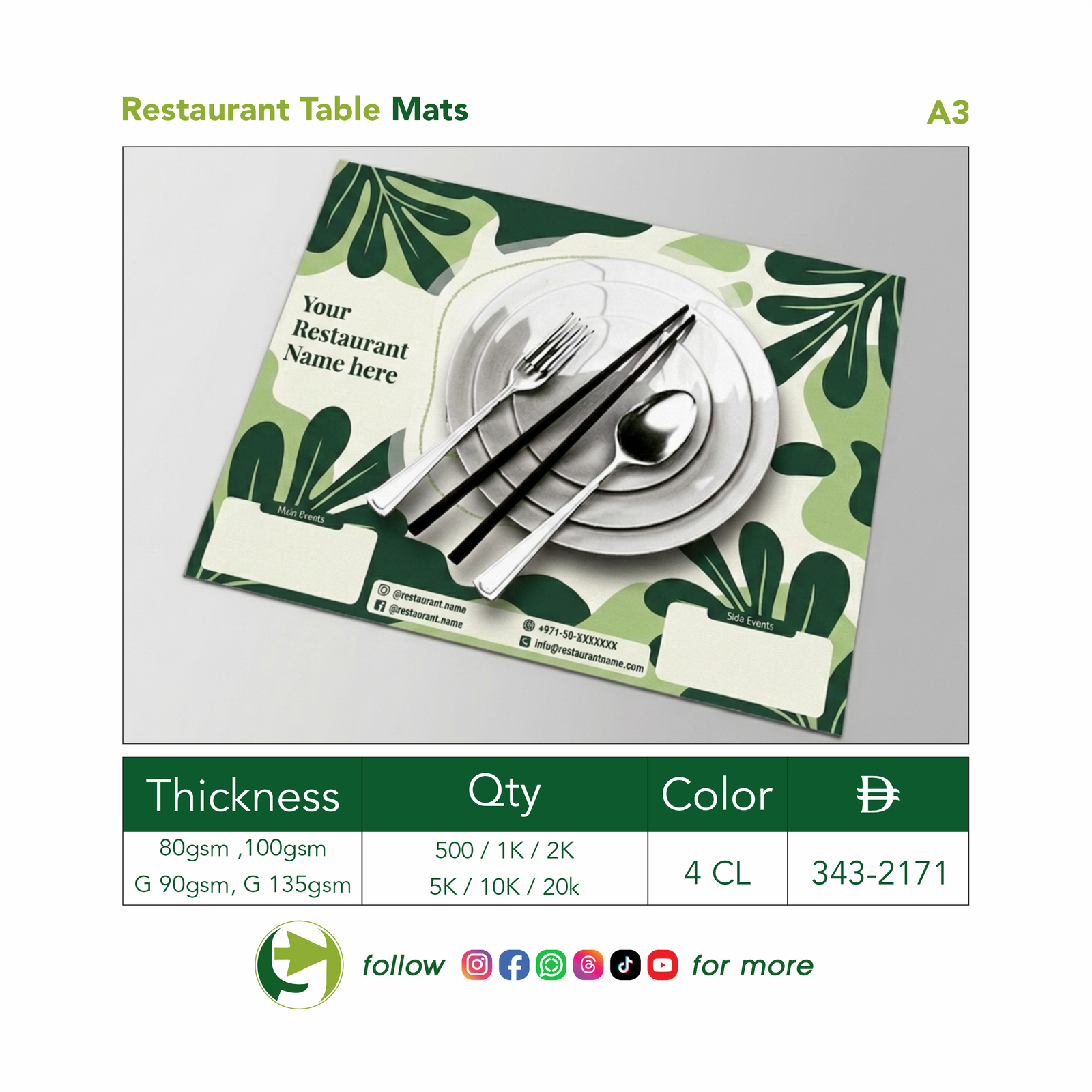 Custom Printed Restaurant Table Mats – A3 Size (42 × 29.7 cm)