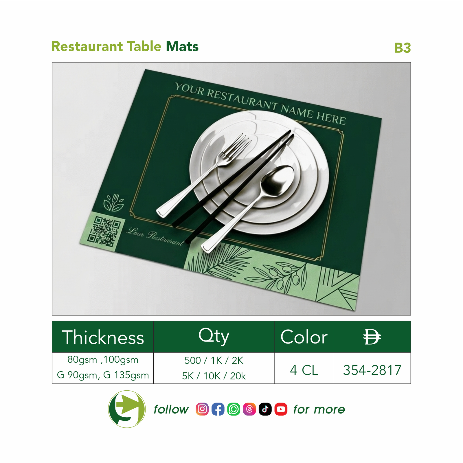 Custom Printed Restaurant Table Mats – B3 Size (48 × 34 cm)